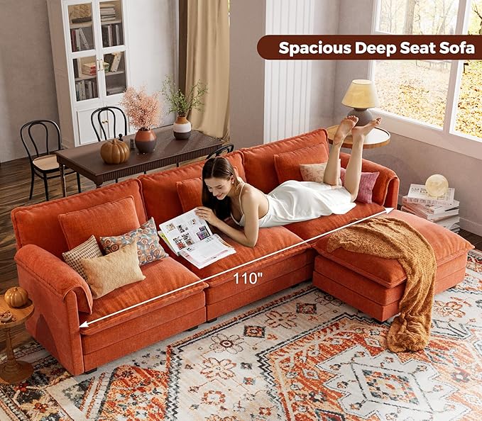 ELUCHANG Oversized 113" Modular Sectional Sofa, Comfy Cloud Couch, L Shaped Deep Seat Sofa Couches for Living Room, 4-Seater Modern Sofa with Movable Ottoman, DIY Combination - Chenille Terracotta