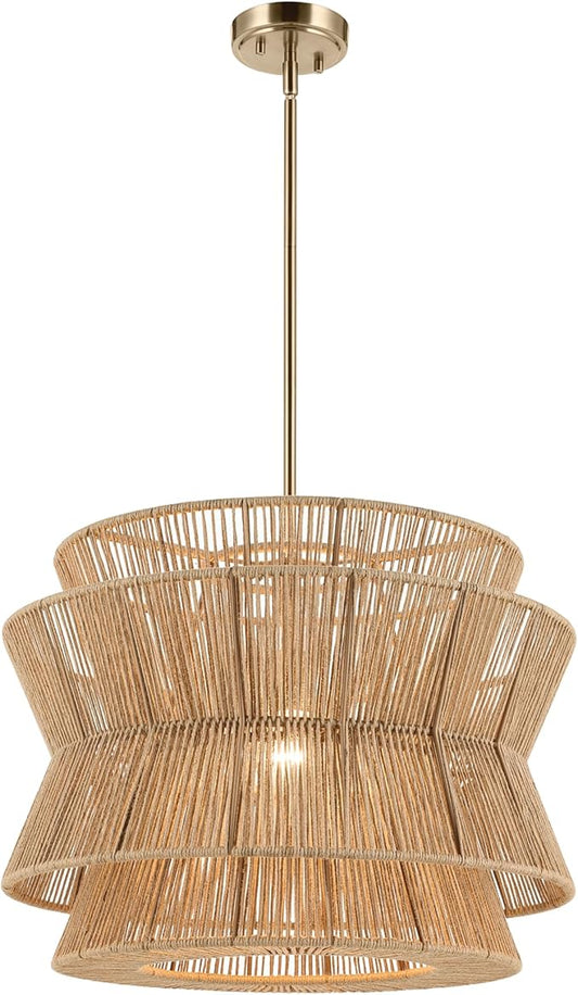 KICHLER Ophira 1-Light Pendant, Global Boho Light with Jute Shade in Champagne Bronze, Sloped Ceiling Compatible, for Kitchen or Foyer (16.75" x 22"), 52734CPZ