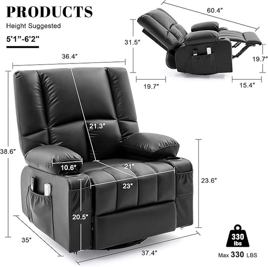 Swivel Rocker Chair with Heat and Massage, 270° Power Recliner Chairs for Adults, USB and Type-C Ports, Oversized Recliner Single Sofa, Electric Glider Chair(Black)