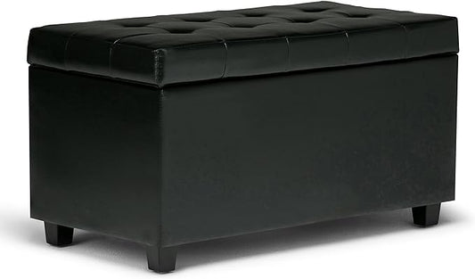 SIMPLIHOME Cosmopolitan 34 inch Wide Transitional Rectangle Storage Ottoman in Midnight Black Vegan Faux Leather, Assembled, For the Living Room, Entryway and Family Room