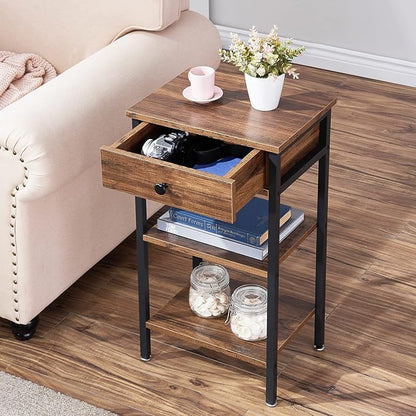 VECELO Tall End Side Table,Nightstand with Adjustable Shelf and Bin Drawer for Living Room/Bedroom/Entryway Small Spaces