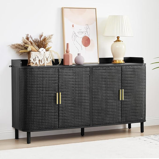 ORRD 4 Doors Storage Cabinet, 2 Tier Wooden Storage Organizer Cabinet with Adjustable Shelf, Sideboard Buffet Cabinets with Iron Curved Doors Accent Shoe Rack for Entryway Hallway Living Room (Black)