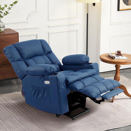 MCombo Dual Motor Power Lift Recliner Chair for Elderly, Lay Flat Lift Chair with Heat and Massage, Cup Holders, USB Ports, Faux Leather 7890 (Blue, Medium)
