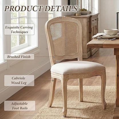 Wicker Dining Chairs Set of 6, Upholstered Linen Fabric Dining Room Chairs with Square High Rattan Back Farmhouse French Kitchen Chairs for Dining Table/Living Room/Restaurant, Cream