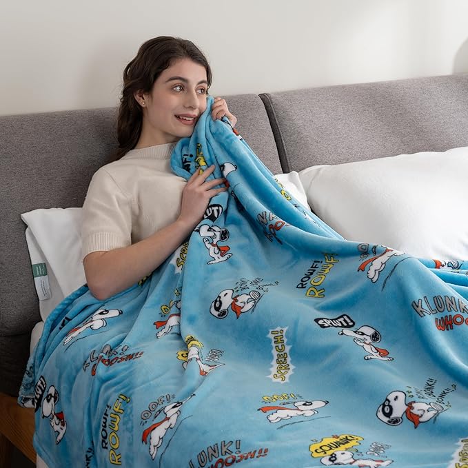 Berkshire Blanket Peanuts® VelvetLoft® Cute Character Snoopy Plush Blanket,Peanuts Large Masked Marvel Toss Happy Blue,King 90 in x 108 in (Official Peanuts® Product)