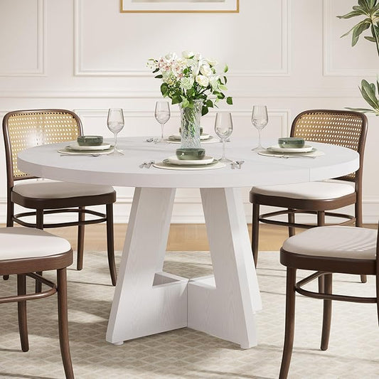 Tribesigns Round Dining Table for 4, 47 inch Farmhouse Circle Kitchen Table with Wooden Pedestal Base for Kitchen, Dining Room, Living Room (White)