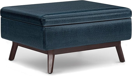SIMPLIHOME Owen 34 inch Wide Mid Century Modern Rectangle Coffee Table Storage Ottoman in Distressed Dark Blue Vegan Faux Leather, Assembled, for the Living Room, Entryway and Family Room