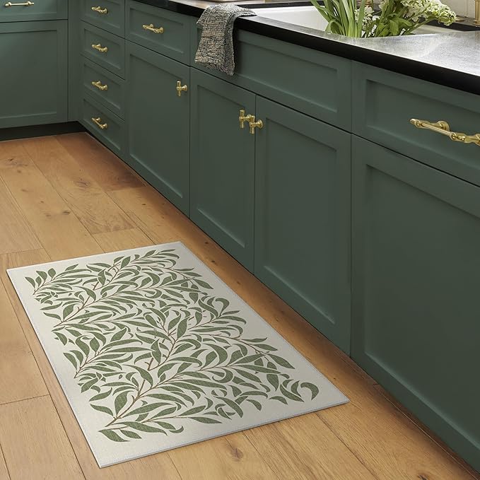RUGGABLE x Morris & Co Washable Area Rug– Pure Willow Boughs Green 2x3, Stain-Resistant, Non-Slip –Small Machine Washable Rugs for Living Room, Bedroom, Hallway, Entryway & Bathroom–with Standard Pad