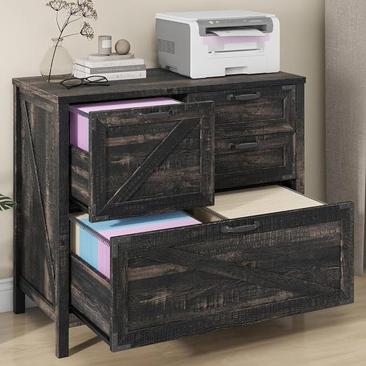 Lateral File Cabinet with 4 Drawers Farmhouse File Cabinet for Letter/Legal/A4 Size Hanging Files, Large Wood File Storage Cabinets Printer Stand for Home Office Cabinet, Dark Rustic Oak