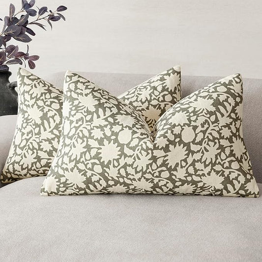 Foindtower Set of 2 Decorative Neutral Floral Throw Pillow Covers Accent Farmhouse Cushion Covers Boho Lumbar Pillowcase for Couch Sofa Bedroom Living Room Home Decor,12×20 Inch,Sage Green
