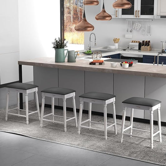 COSTWAY Upholstered Bar Stools Set of 4, 24-Inch Backless Counter Height Dining Stools with Delicate Wood Carving, Footrest, Solid Rubber Wood Frame, Farmhouse BarStools for Kitchen Island Bar, White
