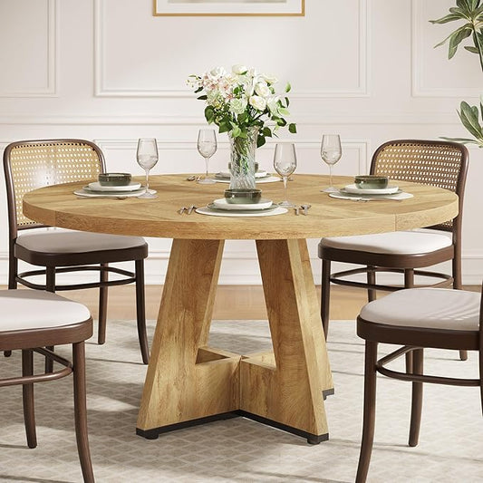 Tribesigns Round Dining Table for 4, 47 inch Farmhouse Circle Kitchen Table with Wooden Pedestal Base for Kitchen, Dining Room, Living Room (Light Wood)