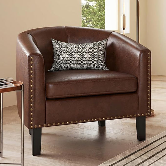 BELLEZE Accent Barrel Chair, Modern Faux Leather Tub Club Chair Upholstered Armchair with Gold Nail Head Trim and Black Legs for Living Room Bedroom Apartment Lounge - Brown