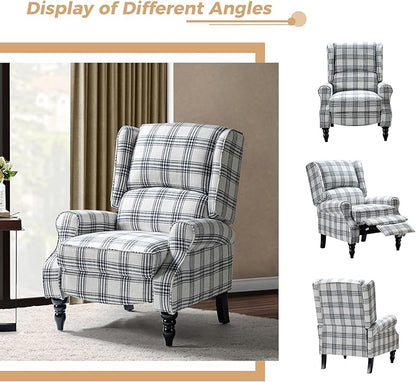 HULALA HOME Upholstered Wingback Recliner Chair Set of 2, Small Adjustable Footrest Push Back Single Reclining Sofa, Mid Century Modern Lounge Armchair for Living Room, Bedroom, Reading/Plaid Black