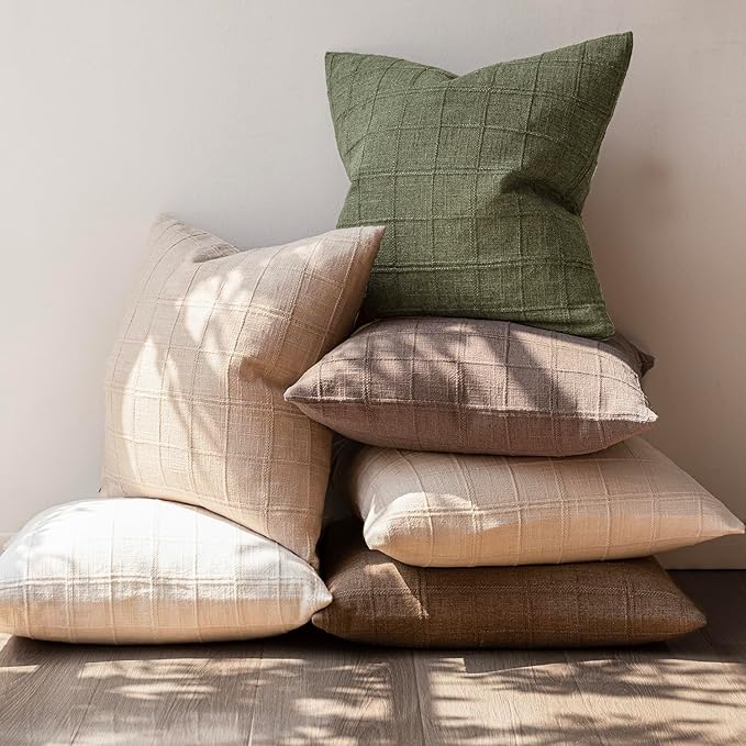 Foindtower Set of 2 Decorative Linen Check Throw Pillow Covers Neutral Farmhouse Vintage Cushion Covers Modern Boho Home Decor for Sofa Chair Couch Bedroom Living Room,24×24 Inch,Sage Green