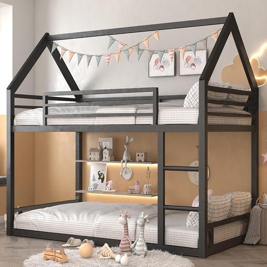 Bunk Bed Twin Over Twin, House Bunk Bed Frame with Ladder and Guardrail, House Shaped Bunk Bed Frame with Metal Slats for Girls Boys, Space Saving, No Box Spring Needed (Black)
