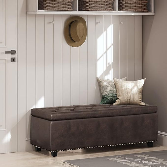 SIMPLIHOME Hamilton 48 inch Wide Transitional Rectangle Storage Ottoman in Distressed Brown Vegan Faux Leather, Assembled, For the Living Room, Entryway and Family Room