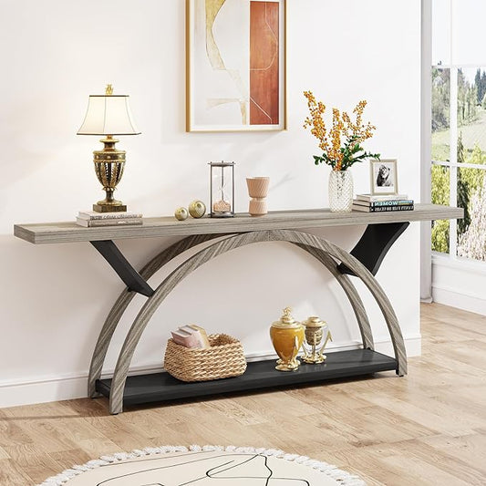 Tribesigns 70.87" Console Table with Storage Shelf, Narrow Long Sofa Table Behind Couch Table, 2-Tier Rustic Entryway Table with Half Moon Frame for Hallway Living Room, Gray & Black (Gray & Black)