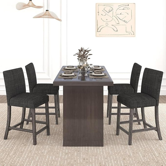 COSTWAY Upholstered Counter Height Stools Set of 4, Bar Stools w/Ergonomic Backrest, Solid Wood Frame, 24.5” Fabric Counter Height Chairs for Kitchen Island, Dining Room, Pub (Grey)