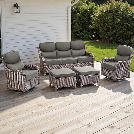 Rilyson Wicker Outdoor Patio Furniture Set - 5 Piece Patio Conversation Sets with Swivel Rocker Chairs, Ottomans and Sofa, 6 inch Cushions, Waterproof Wicker, for Porch Deck Brown/Grey
