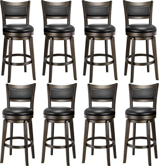 PrimeZone Swivel Bar Stools Set of 8, 26 Inch Counter Height Barstools, Black Faux Leather Bar Stool with High Backrest & Solid Wood Legs & Wrap-around Footrest, Counter Stools for Kitchen Island, Pub