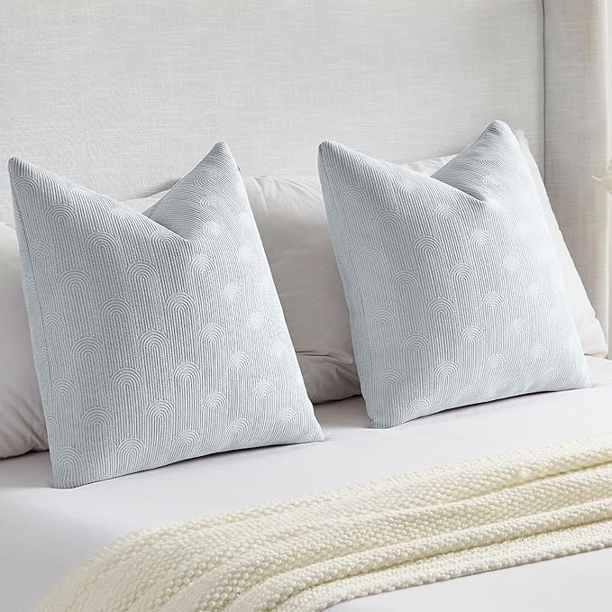 FUTEI Light Blue Chenille Decorative Throw Pillow Covers 16x16 Inch Set of 2,Soft Cozy Striped Geometric Patterns Cushion Cases,Modern Home Decor for Couch Bed Living Room