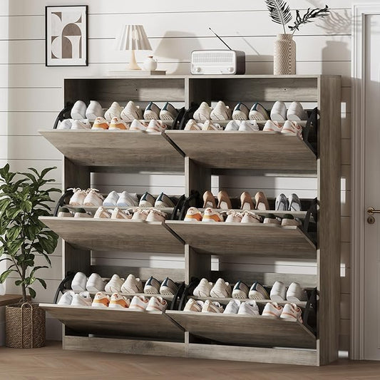 Shoe Storage Cabinet for Entryway with 6 Flip Drawers, Sturdy Wood Hidden Shoe Storage, Freestanding Narrow Slim Shoe Organizer for Front Door Entrance, Living Room, Hallway, Bedroom, Grey