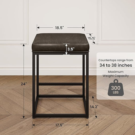 PHI VILLA Grey Leather Bar Stools Set of 4, Backless Counter Height Chairs, 24 inch Barstools for Kitchen Island