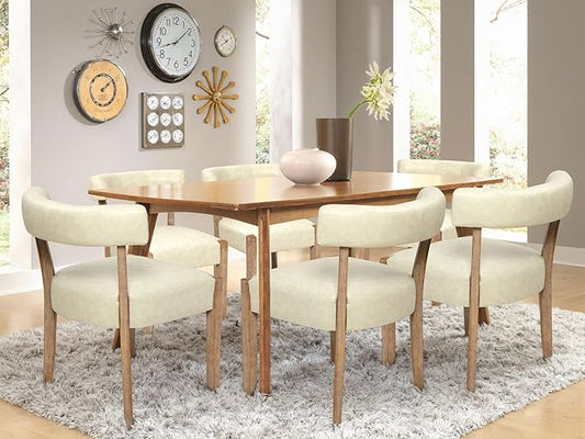 Modern Dining Chairs Set of 6, Faux Leather Upholstered Kitchen & Dining Room Chairs, Mid Century Modern Wooden Dining Chairs Oversized Sturdy Rounded Chairs Curved Back, Beige