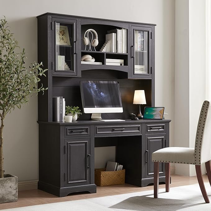 JXQTLINGMU Farmhouse 76" Height Computer Desk with Hutch, Office Desk with Charging Station, Drawers and Storage Cabinet, Workstation for Office Home, Black