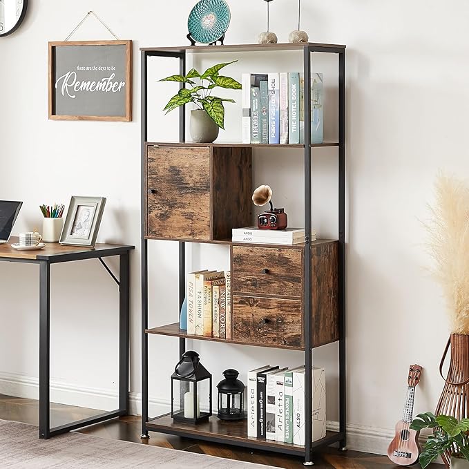 VECELO 5-Tier Bookshelf with 2 Storage Drawers & 1 Cabinet,Industrial Display Standing Shelf, Metal Frame Wood Storage Shelf,Open Bookcases for Living Room, Bedroom, Home,Office