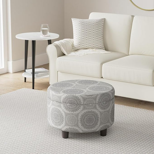 HomePop Home Decor | Upholstered Round Storage Ottoman | Ottoman with Storage for Living Room & Bedroom (Light Grey Medallion) Large