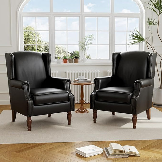 Accent Chair, Upholstered High Back Armchair with Nailhead Trim & Wood Legs, Comfy Wingback Reading Single Sofa Chair for Small Spaces, Living Room, Bedroom, Leather Black, Set of 2