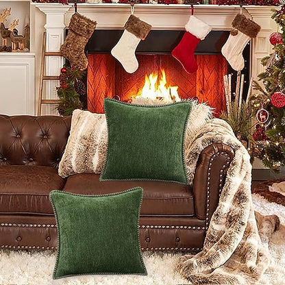 decorUhome Christmas Chenille Soft Throw Pillow Covers 16x16 Set of 2, Farmhouse Velvet Neutral Decorative Euro Fall Pillow Covers with Stitched Edge for Couch Sofa Bed Home Decor, Forest Elf