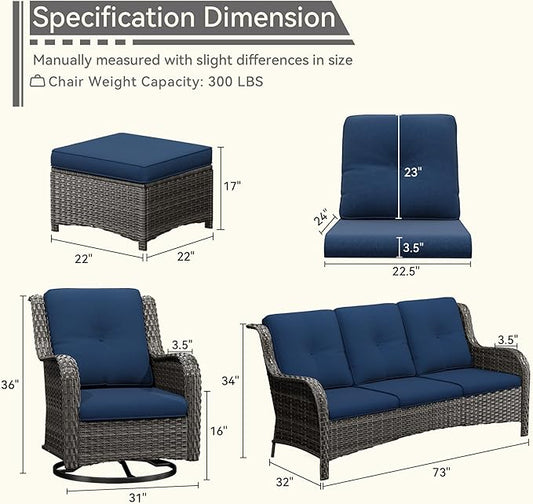 5 Pieces Outdoor Patio Furniture Set - Conversation Set Includes Wicker Swivel Rocker Chairs Set of 2, 2 Ottoman, 3 Seat Sofa, Suitable for Porch, Yard, Mixed Brown Rattan, Blue