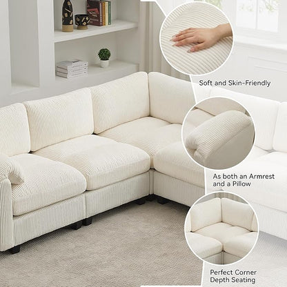87'' U-Shaped Sectional Sofa with Ottoman, 5-Seater Modular Couches for Living Room, Corduroy Deep Seat Cloud Sofa with Center Stitched, Beige