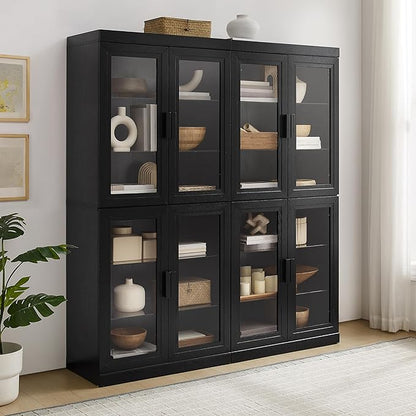 Crosley Furniture Essen 2-Piece Glass Door Kitchen Pantry Storage Cabinet Set, Living Room, Entryway, Black