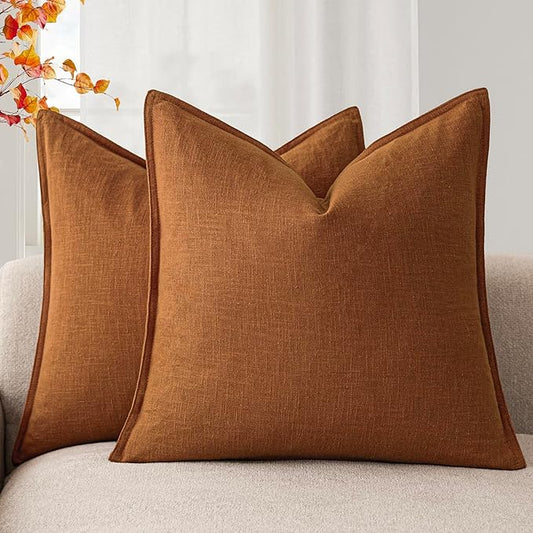 Foindtower Set of 2, Decorative Linen Soild Throw Pillow Covers Soft Accent Cushion Euro Case Boho Farmhouse Pillowcase for Chair Couch Sofa Bedroom Living Room Home Decor 22 x 22 Inch Autumn Orange