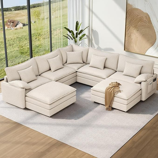 Vesgantti 108" V-Shaped Corner Couch Sectional, 7 Seat Customizable Modular Cloud Couches with Movable Ottoman, Corduroy Deep Seat Sofa Set with Chaise for Living Room, Bedroom and Apartment, Beige
