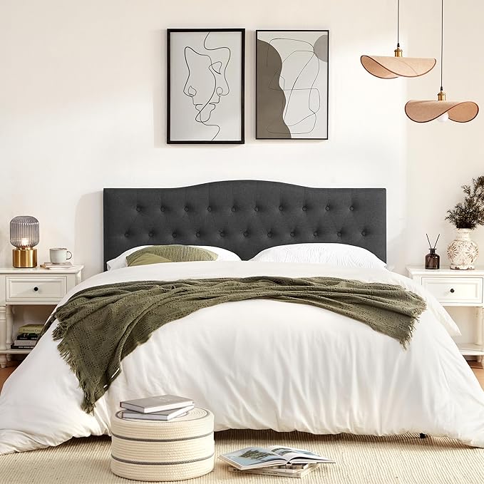 Tufted Upholstered Headboard California King, Sturdy and Durable Solid Wood Bed headboard, Fabric Headboard Adjustable Height from 37” to 51”, Button Diamond Design Head Board, Black