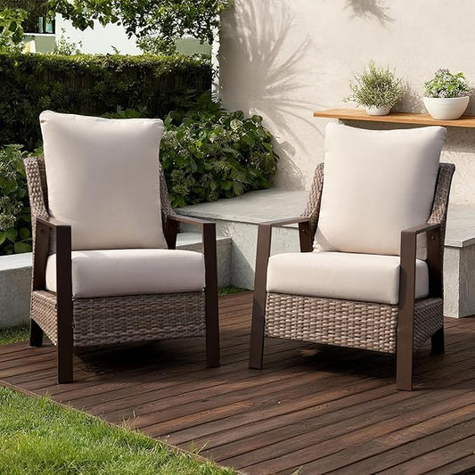 Outdoor Patio Furniture - 2 Pcs Armchair, All-Weather Wicker Outdoor Conversation Set with 4.72" Olefin Thick Cushions for Deck, Porch, Balcony, Backyard, Beige
