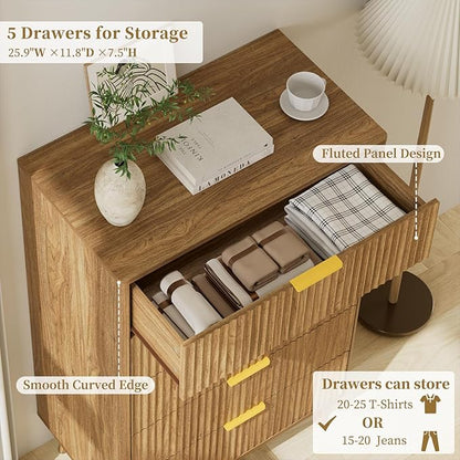 LYNSOM Fluted Dresser and Nightstand Sets 4 Piece, 2-Drawer Nightstands and 5/7 Drawers Dresser, Wood Bedroom Furniture Set for Home, Bedroom, Hallway, Natural Oak