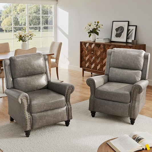 Lumibee Pushback Recliner Chair,Upholstered Wingback Chair for Small Spaces,2 Set of PU Leather Armchair for Living Room,Single Sofa Accent Chair Reading Seat for Balcony,Bedroom-Gray