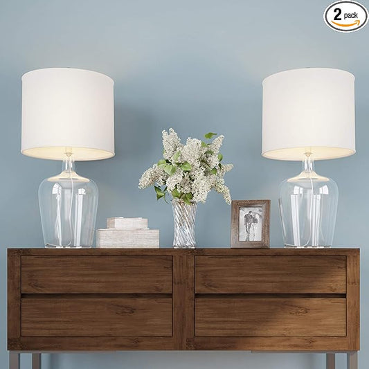 Lavish Home Glass Cloche Table Lamps – Set of 2 Modern Farmhouse Accent Lights with LED Bulbs – Home Décor for Bedroom, Living Room, or Office