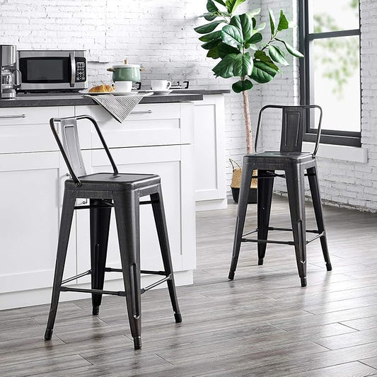 AC Pacific 24” Metal Barstool Set of 2 – Country Rustic Style with Low Back, Lightweight & Sturdy Build, Easy Assembly – Black Matte