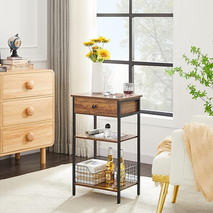 VECELO Tall End Side Tables,27 Inch Night Stand with U-Shape Basket and Storage Drawer/Shelf for Living Room/Bedroom/Small Spaces,Set of 2,Brown