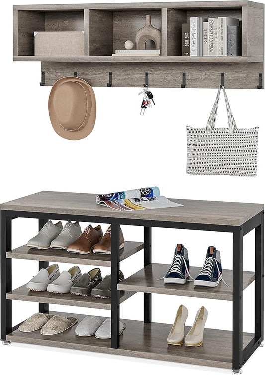 LITTLE TREE Coat Shoe Rack, Hall Tree Entryway Bench Set for Hallway, Living Room, Bedroom, Grey