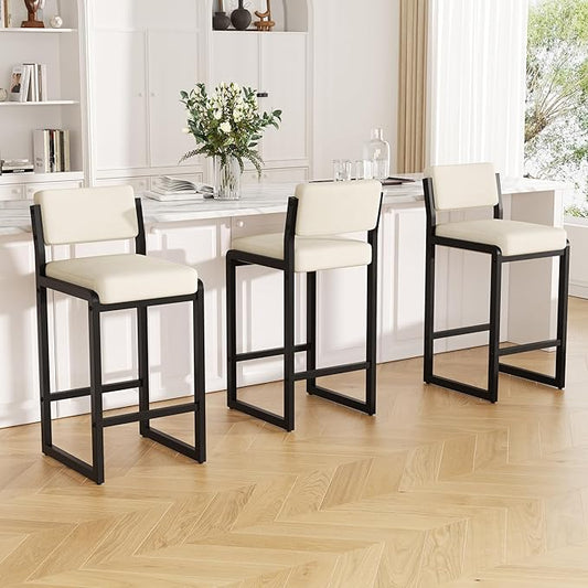 Bar Stools Set of 3, Fabric Counter Height Bar Stools with High Back and Metal Legs, Upholstered Bar Chairs, 26" Modern Barstools for Kitchen Island, Beige