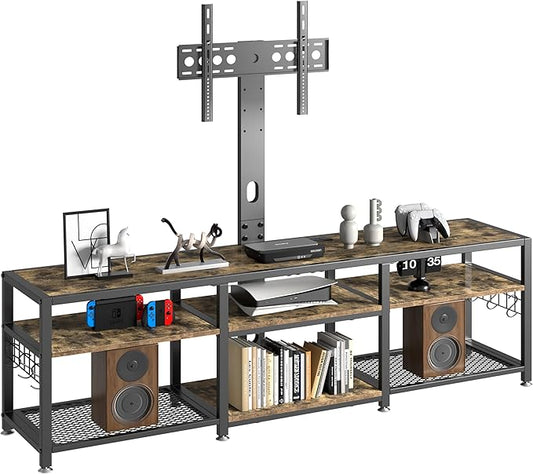 VECELO 63" TV Stand with Mount and Power Outlets, Entertainment Center Console with Open Storage Shelves, Height Adjustable Mount up to 75”, Wooden Table and Metal Frame for Living Room, Rustic Brown