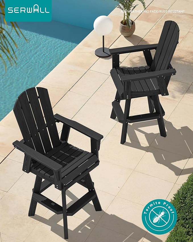 SERWALL Swivel Adirondack Bar Chair, HDPE Swivel Balcony Adirondack Chair, Outdoor Bar Height Barstoolsfor Bistro, Poolside, Garden, Black